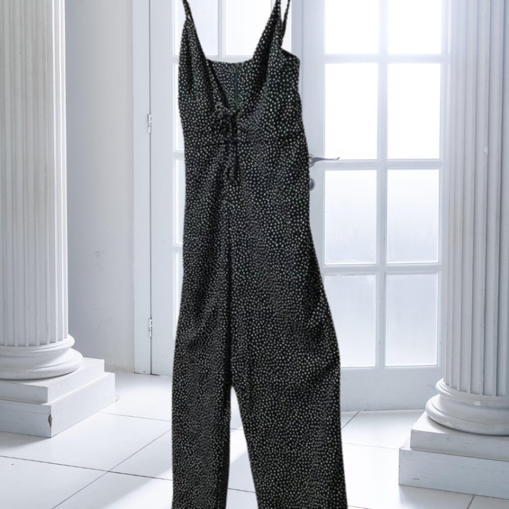 Audrey 3+1 Green Polka Dot Wide Leg Jumpsuit M Tie Front Spaghetti Strap Romper - Picture 3 of 12